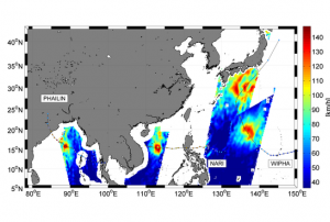 Wind speed readings from three different typhoons during 10–15 October 2013.