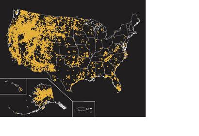 A map showing locations that experienced wildfires greater than 250 acres, from 
